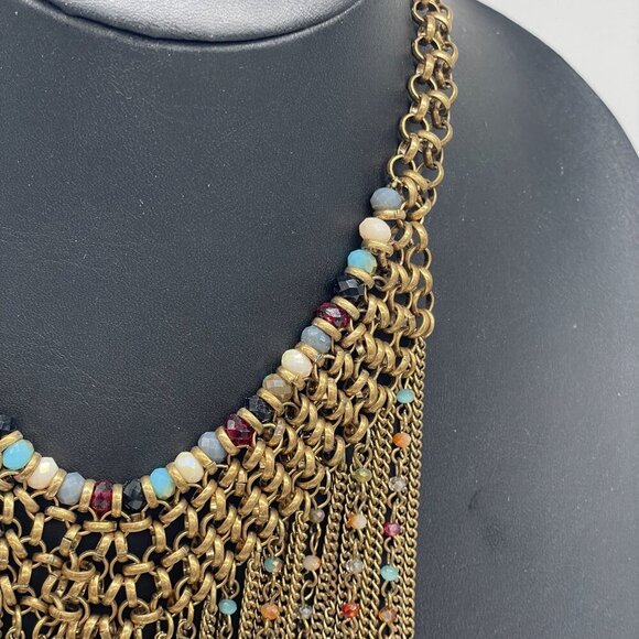 Multicolor Beaded Fringe Chain Choker Statement Necklace Gold Tone Wedding Guest - Picture 6 of 6